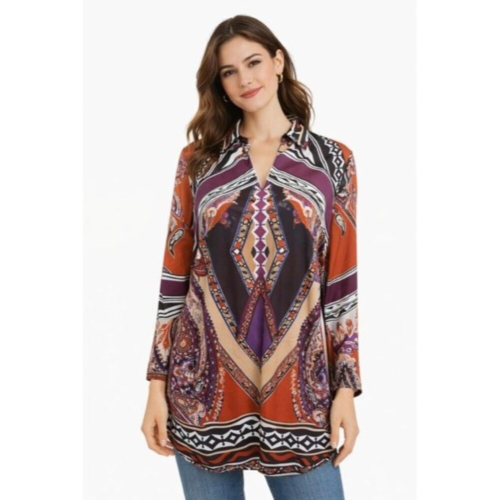 Chicos Womens Top 2 Large Tunic Shirt Long Sleeve Boho Paisley Multicolor